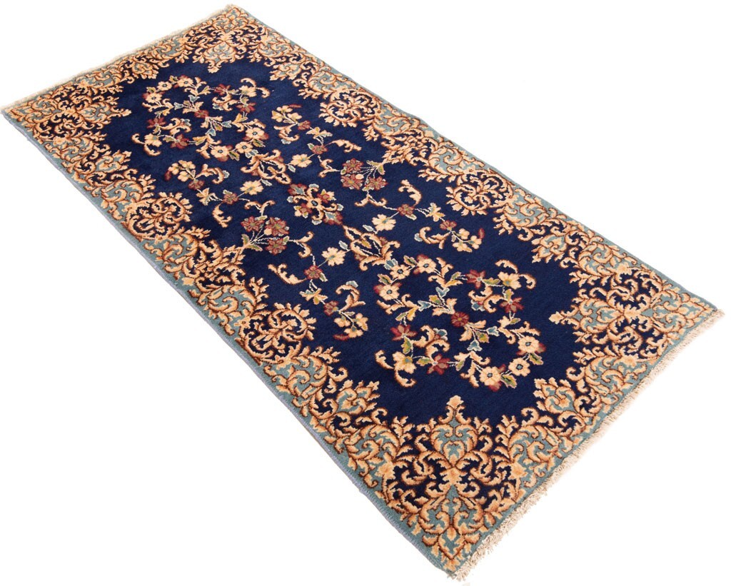 Paire De Tapis Persan Kerman Noué Main 130x64cm Bleu - Neuf Avec étiquettes