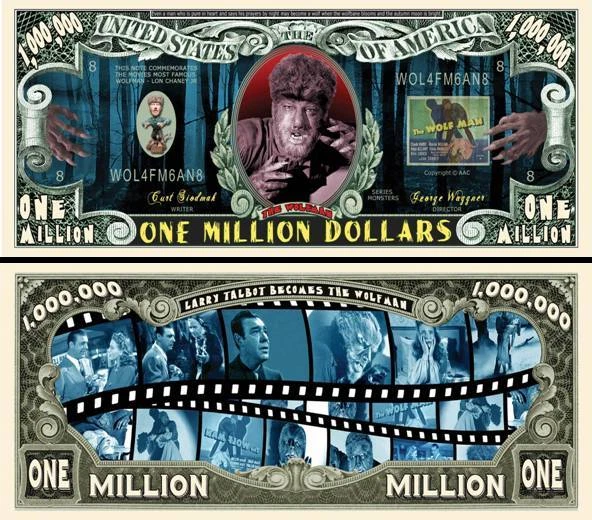Wolfman Movie Million Dollar Bill Play Funny Money Novelty Note with FREE SLEEVE