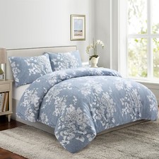 Printed Bamboo Soft Duvet Cover Fitted Sheet Bedding Set Corner Tie, Blue Floral