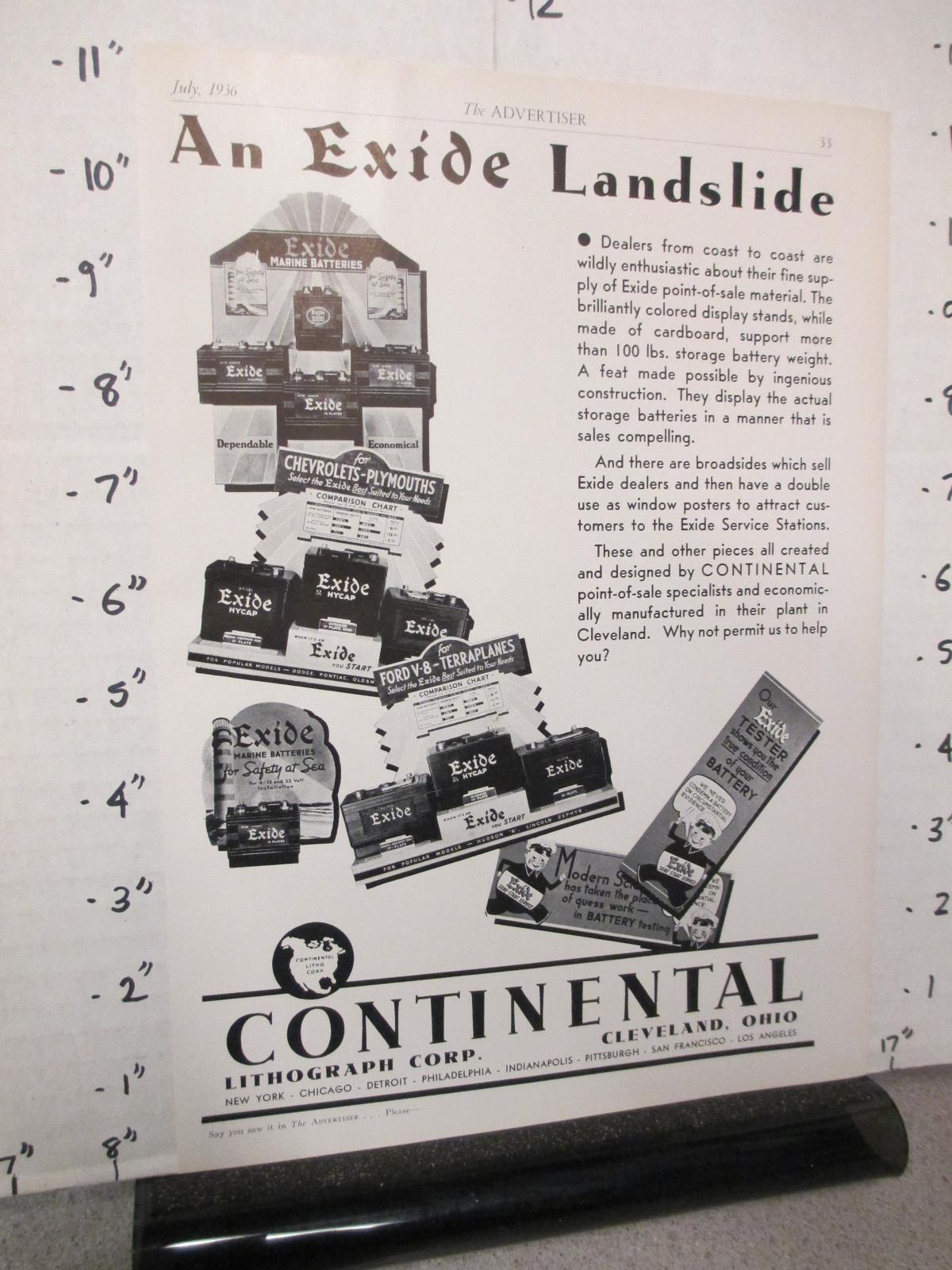 radio trade mag ad 1936 CONTINENTAL Litho Cleveland Exide car battery displays