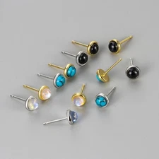 925 Sterling Silver Round Turquoise Moonstone Onyx Bezel Stud Earrings 6mm PE64