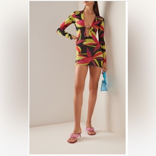 LOUISA BALLOU Helios Ring mesh mini dress in Electric Pink Flower NWT Size S
