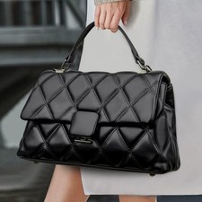 Black Quilted Structured Handbag Women Top Handle Crossbody Flap Shoulder Bag UK