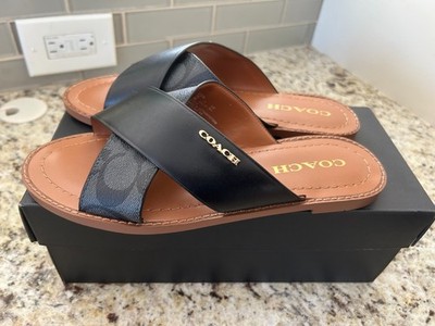 COACH Womens Sandal Saddle 100% Leather HILDA Cross Top Black US 8 New In Box