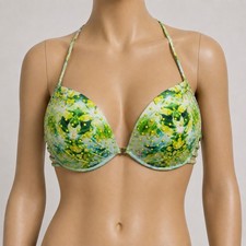Victorias Secret The Fabulous Push Up Bikini Top 34D Floral Neon Studded Green