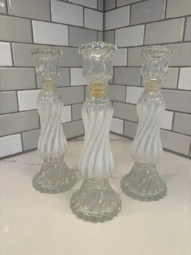 Set Of 3 Vtg Fenton For Avon White Swirl Opalescent Candle Holders