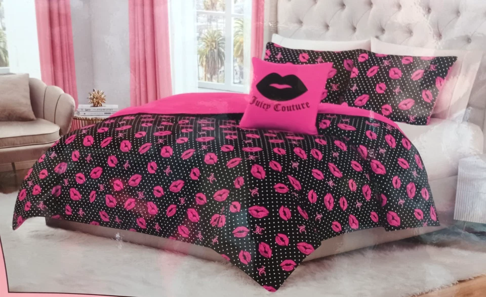 Conjunto de edredom Juicy Couture bolinhas e beijos, lábios, logotipos 4 peças QUEEN preto/rosa - Imagem 3 de 4