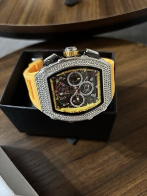 ONOLA Men's Automatic Luxury Skeleton Wristwatch Yellow Silicone Strap Tonneau