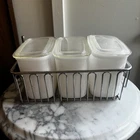 Vintage Set of 3 Hazel Atlas White Milk Glass Refrigerator Jars and Metal Holder
