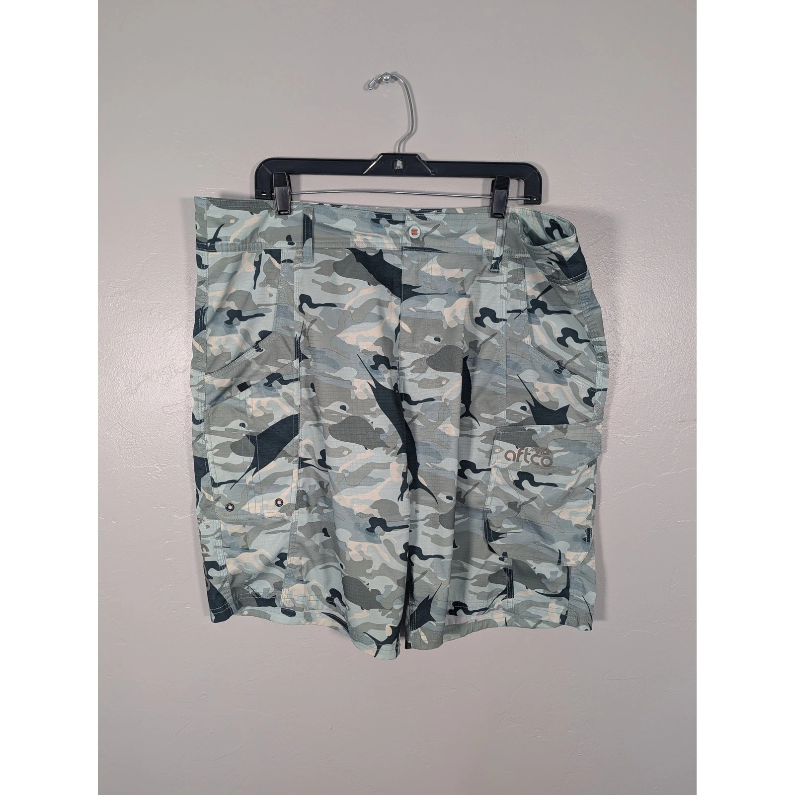 Aftco Mens 38 Marlin Camo Fishing Shorts Blue Gray Ripstop Cargo Tactical M01128