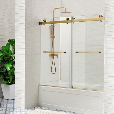 60''x 62'' Brushed Gold Frameless Tub Shower Door Sturdy Glass Door For Bathtub