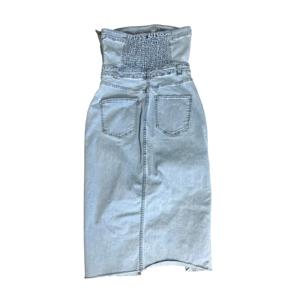 Vestido midi Love Tree denim sem alças cintura alta lavagem leve fenda frontal feminino M - Imagem 2 de 4