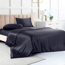 Satin Bed Sheets Full Size Sheet Sets, Black Silk Sheets, 4 - Pieces Soft Bed...