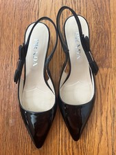 PRADA BLACK PATENT LEATHER BOW ACCENT SLINGBACK PUMPS SIZE 35