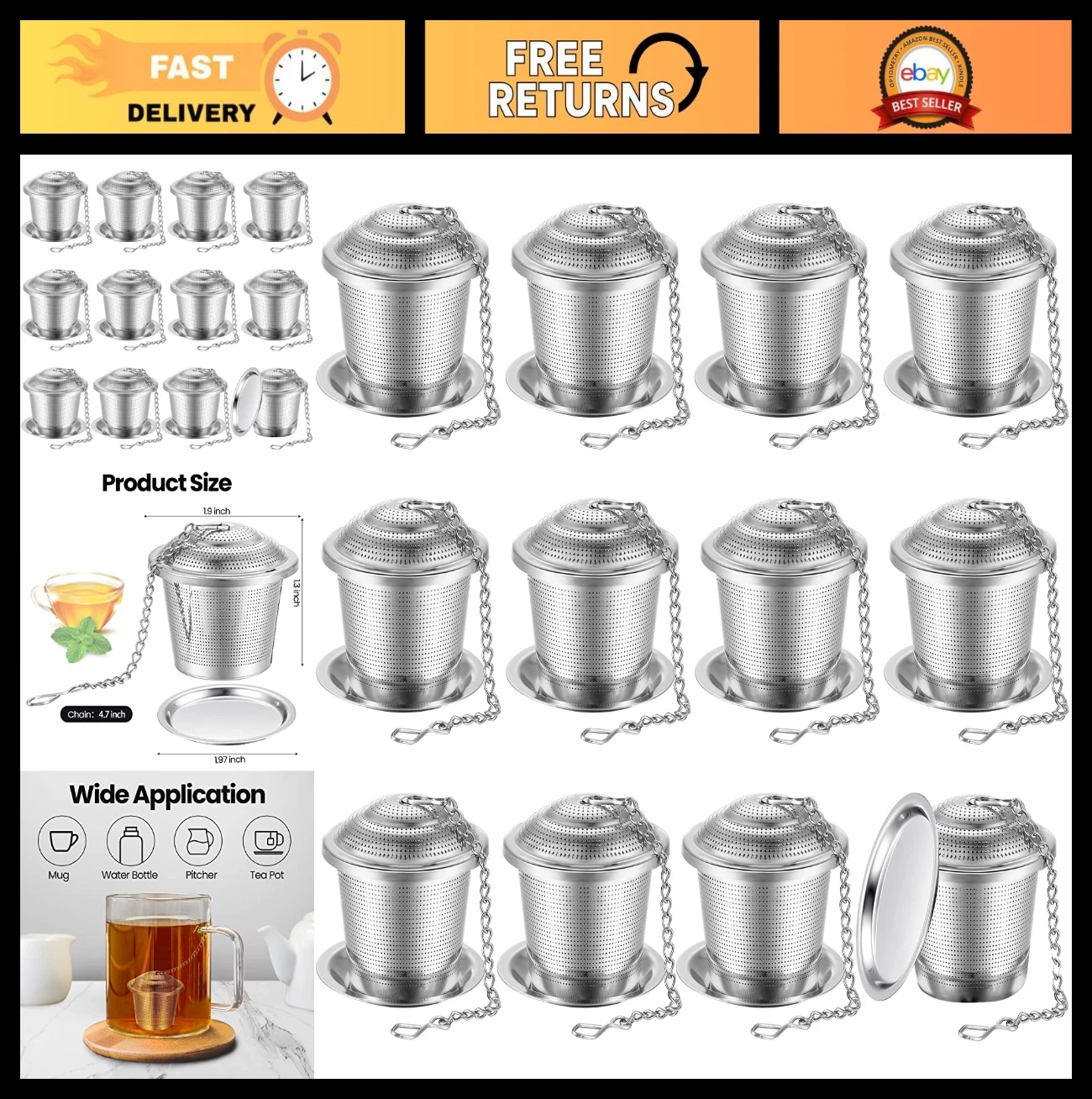 Stainless Steel Tea Infuser Set with Chain Hook and Saucer, 12 Pack