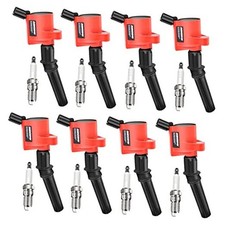 Set of 8 Curved Boot Red Ignition Coil Pack DG508 Iridium Spark Plugs SP479