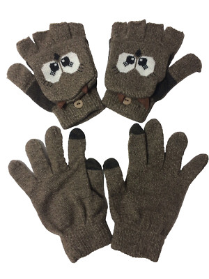 Bongo Owl Gloves 2-Pack Flip Top Gloves-Mittens and Brown Texting Gloves Soft