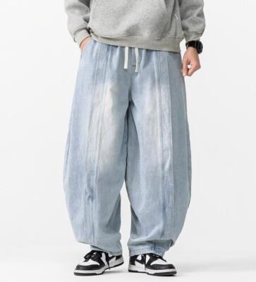 Men's Blue Black Denim Jeans Harem Pant Loose Fit Casual Punk Hippie Trousers