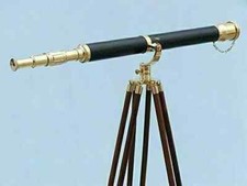 Nautical Floor Standing Brass Telescope With Wooden Stand Home Decor