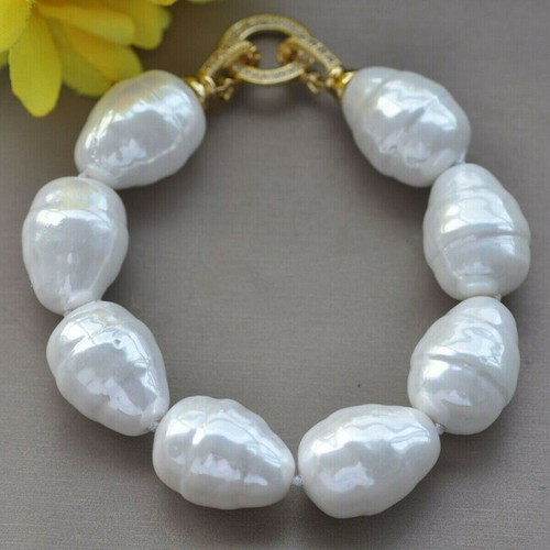 LARGE 20MM SOUTH SEA WHITE BAROQUE SHELL PEARL BEADS FASHION BRACELET 7.5'' - Picture 8 of 12
