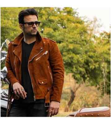 New Men Jacket Suede Brown Leather Handmade Lambskin Genuine Motorcycle Biker