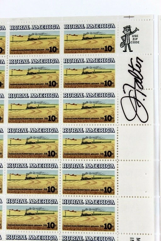 John Falter Signed Sheet of Stamps 1974 USPS Rural America Train Kansas Wheat - Image 2 of 3