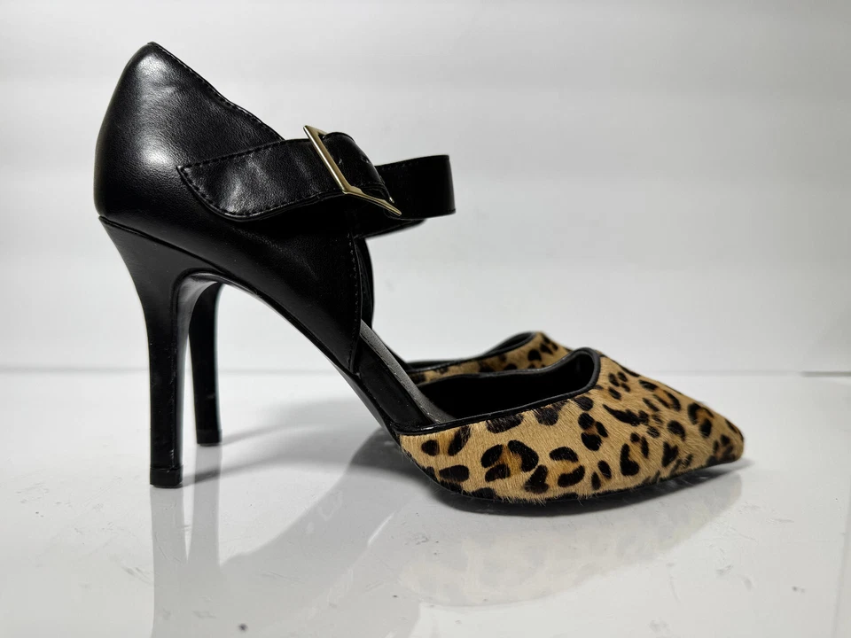 4th & Union 女式豹纹小马毛和皮革高跟鞋,尺寸 6M,扣带 — 第 3/4 张图片
