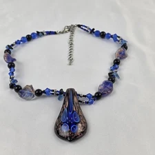 Vintage Necklace  w/ Blue Bell Flower Murano Style Glass, Pendant Amethyst Beads