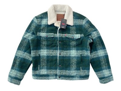 Levi's Men's M Type III Sherpa Trucker Jacket Green Plaid Wool Blend Big E NWT