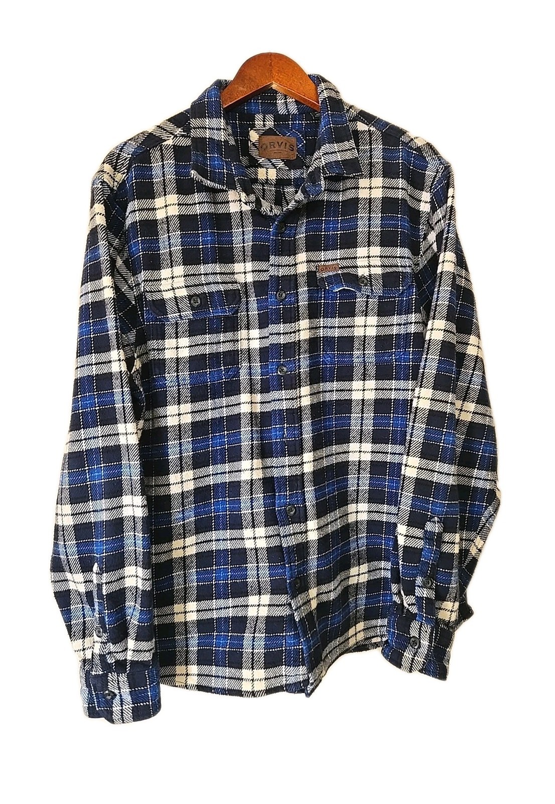 Orvis Heavyweight Flannel Shirt Men’s XL Blue Black Plaid Outdoor Button Up