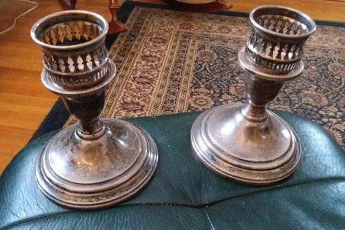 Vtg International Sterling Silver Candlestick Pair With Sterling Inserts N281