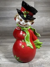 Vintage Ceramic Snowman Byron Molds 11" Hand Painted Rare Red Body Colored Glass