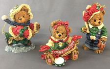 Holiday Time Set of 3 Resin Textured Teddy Bear Christmas Hanging Ornaments