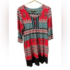 Ellen Tracy 3/4 Sleeve Boho Multicolored Shift Dress Womens Medium Workwear