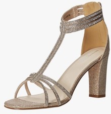 Touch Ups Gabriella Rhinestone T Strap Champagne Gold Heels Size 7.5