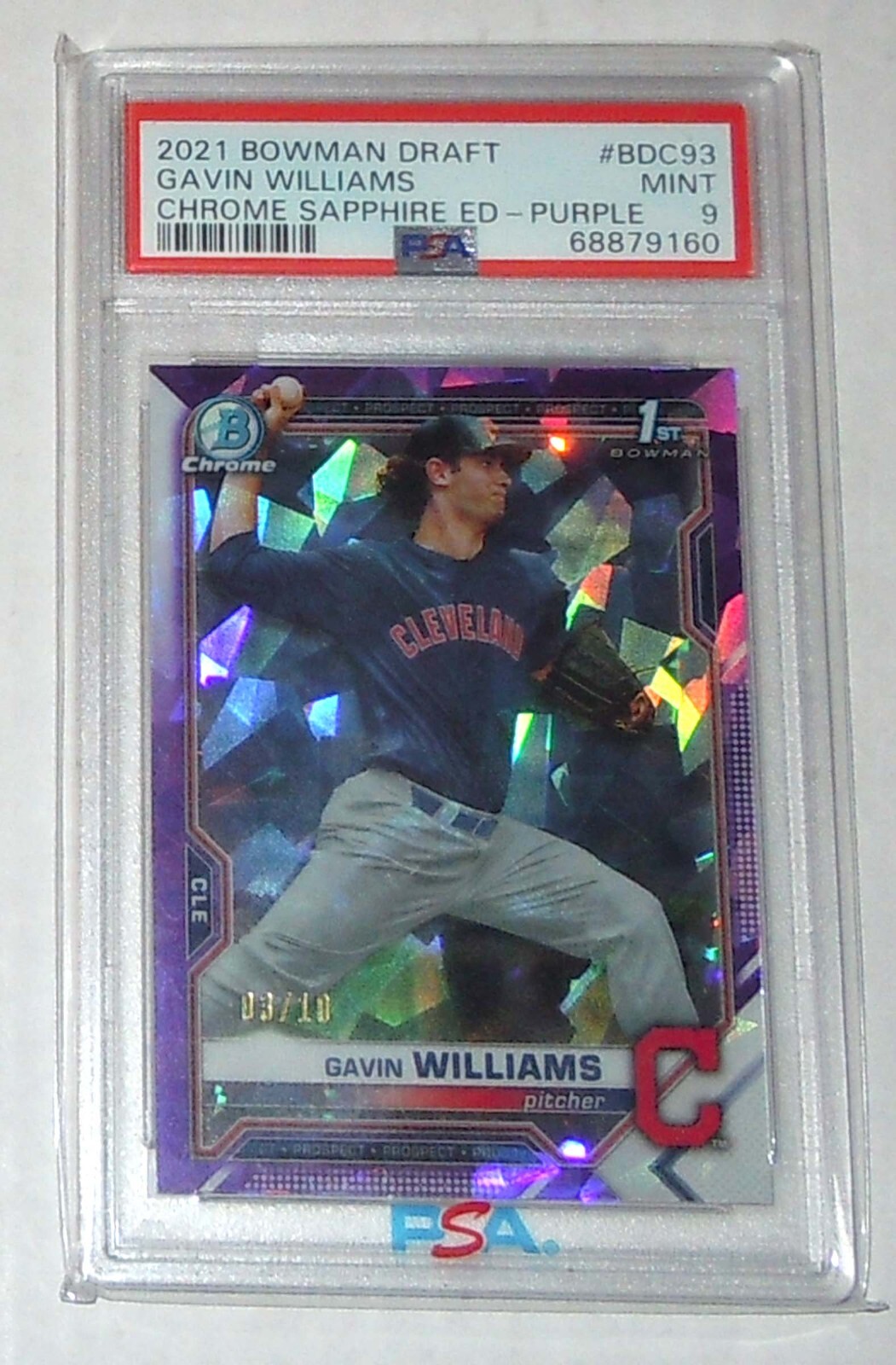 Gavin Williams 2021 Bowman Chrome Sapphire Purple 3/10 PSA 9
