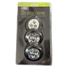 Living Solutions LED Puck Lights 3 Pack Black 100+ Hours of Light/Set Batteries