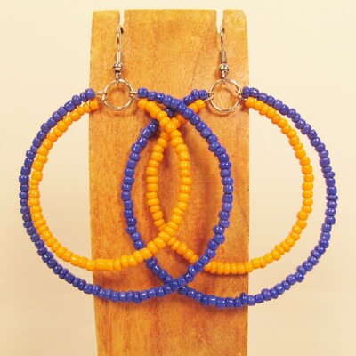 2'' Orange and Blue Color Double Hoop Handmade Seed Bead Earring TEAM COLORS!