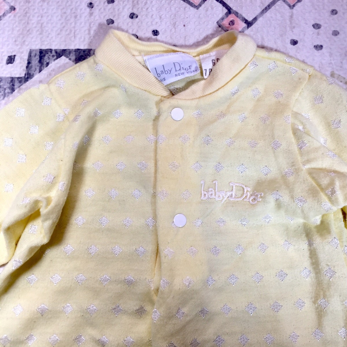Baby Dior Vtg Newborn Gown Shirt Girl Pastel Yellow Knit Diamond