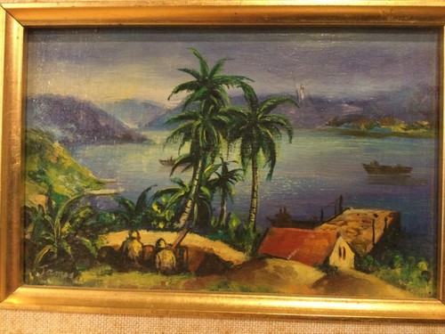 Small WWII Pacific Island Harbor Scene Oil Painting Signed “James” - Picture 2 of 7