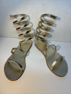Ancient Greek Sandals Ofis Metallic Gold Leather Spiral Gladiator Flat Size 36