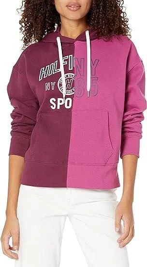 Tommy Hilfiger Womens Hoodie L Pullover Sweatshirt Long Sleeves Maroon Rose NEW