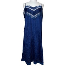 Vintage Navy Blue Lace Trim Full Slip Silky Nylon Nightgown Lingerie Size 40