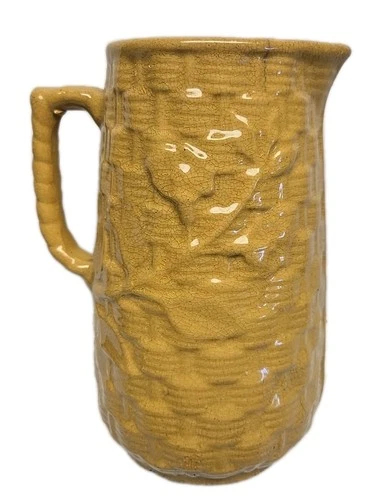 VTG BRUSH MCCOY Morning Glory Willow Basket Weave Yellow Glaze 9” Pitcher RARE