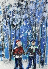 ACEO Original PAINTING Winter PEOPLE XMAS Children Trees Snow Landscape ATC ART