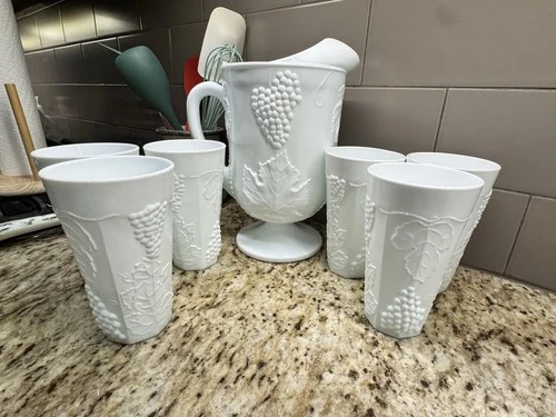 Indiana Milk Glass Colony Harvest Grape Pitcher And Tumblers Set Of 6 Vintage