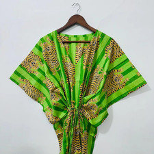 Indian Green Handmade Cotton Tiger Kaftan Maxi Dress Women's Clothing Gown US