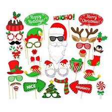 32 Pcs Christmas Party Photo Booth Props Kit Funny Xmas Selfie Props with Sticks
