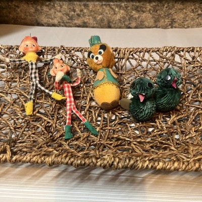 Lot Of 5 Mid Century Japan Christmas Ornaments Elves Felted Bear Honeycomb Birds