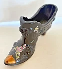 Vtg Fenton Black Glass Cabbage Rose Hand-painted Signed shoe, w/foil sticker